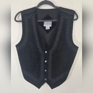Vintage Men's Leather Embroidered Black Vest Snap Closure Western Biker, size M